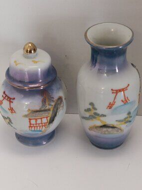 Pair of Miniature Porcelain Vase and Urn Stamped Japan with 3D Items